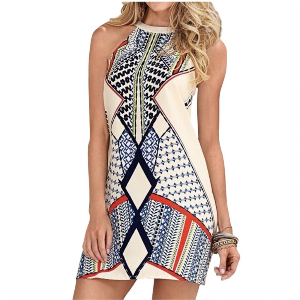 Venus Halter Mini Dress Multicolor Geometric Print Boho Tribal Pattern Resort XS